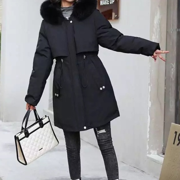 Black Faux Fur Warm Parka Wind Breaker Fleece Lined Hood Raincoat Coat Jacket - Picture 2 of 15